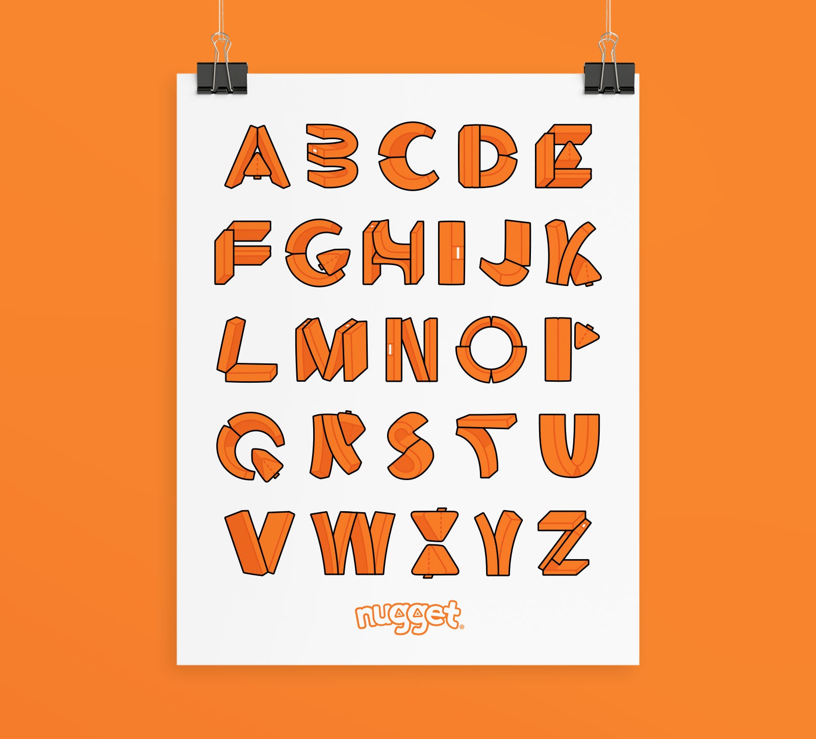 Nugget® shapes showing A-Z in the alphabet in orange