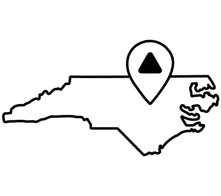 Map of North Carolina with a Triangle pillow marker on Butner, NC.