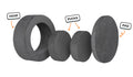 Four pieces of a charcoal gray Chunk play ottoman lined up: one large hoop, two sturdy nesting, and one wider pad for the lid.