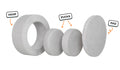Four pieces of a light gray Chunk play ottoman lined up: one large hoop, two sturdy nesting, and one wider pad for the lid.