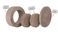 Four pieces of an earthy taupe Chunk play ottoman lined up: one large hoop, two sturdy nesting, and one wider pad for the lid.