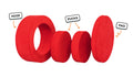 Four pieces of a true red Chunk play ottoman lined up: one large hoop, two sturdy nesting, and one wider pad for the lid.