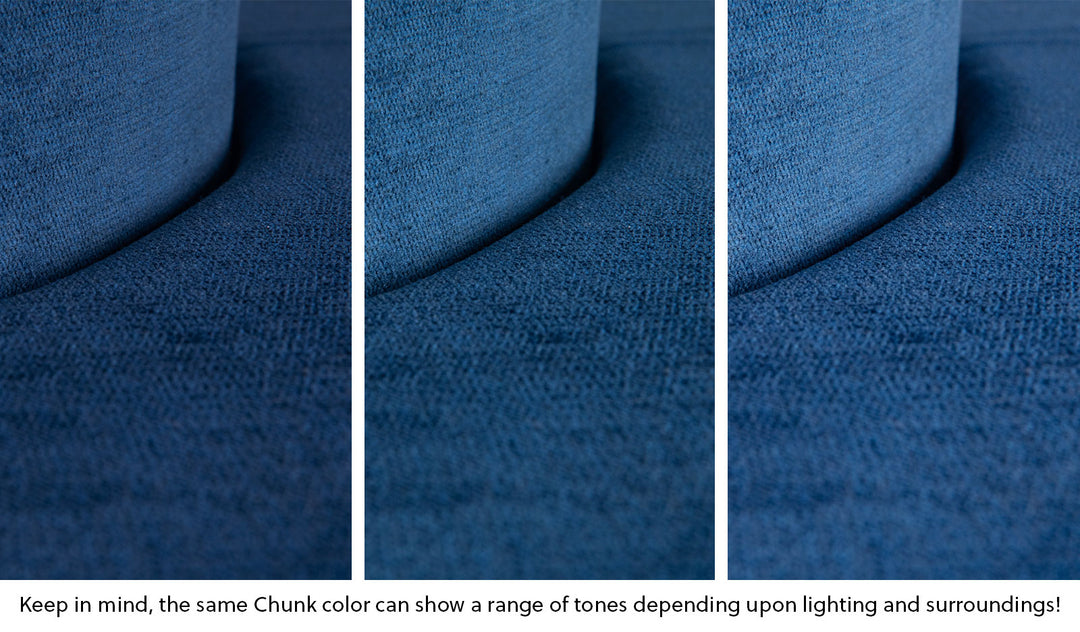 Close-up of a Chunk puck in Blueridge navy blue across three lighting situations. One color can present as a range of tones depending on the room.