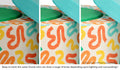 Close-up of a Chunk puck in our Crayola print across three lighting situations. One color can present as a range of tones depending on the room.