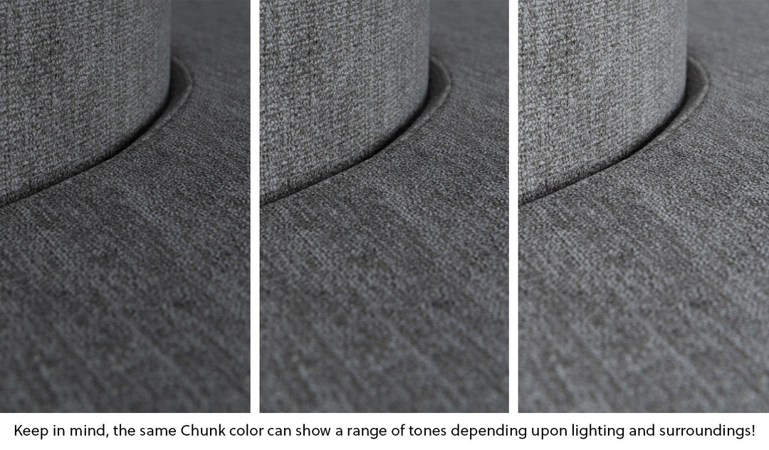 Close-up of a Chunk puck in Harbor charcoal gray across three lighting situations. One color can present as a range of tones depending on the room.