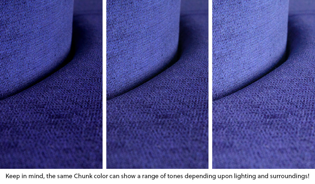 Close-up of a Chunk puck in Nebula vibrant indigo across three lighting situations. One color can present as a range of tones depending on the room.