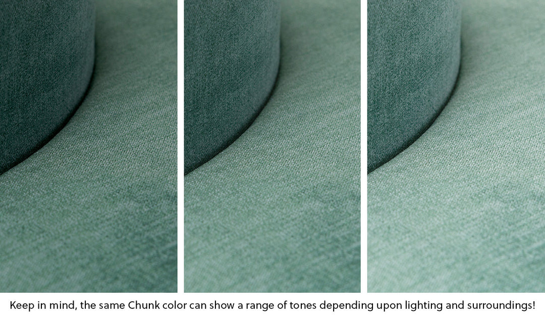 Close-up of a Chunk puck in Seamonster sea green across three lighting situations. One color can present as a range of tones depending on the room.