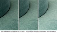Close-up of a Chunk puck in Seamonster sea green across three lighting situations. One color can present as a range of tones depending on the room.