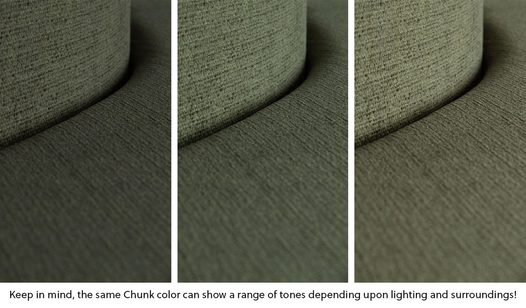Close-up of a Chunk puck in Willow forest green across three lighting situations. One color can present as a range of tones depending on the room.