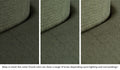 Close-up of a Chunk puck in Willow forest green across three lighting situations. One color can present as a range of tones depending on the room.