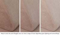 Close-up of a Nugget pillow in Cottontail earthy taupe across three lighting situations. One color can present as a range of tones depending on the room.