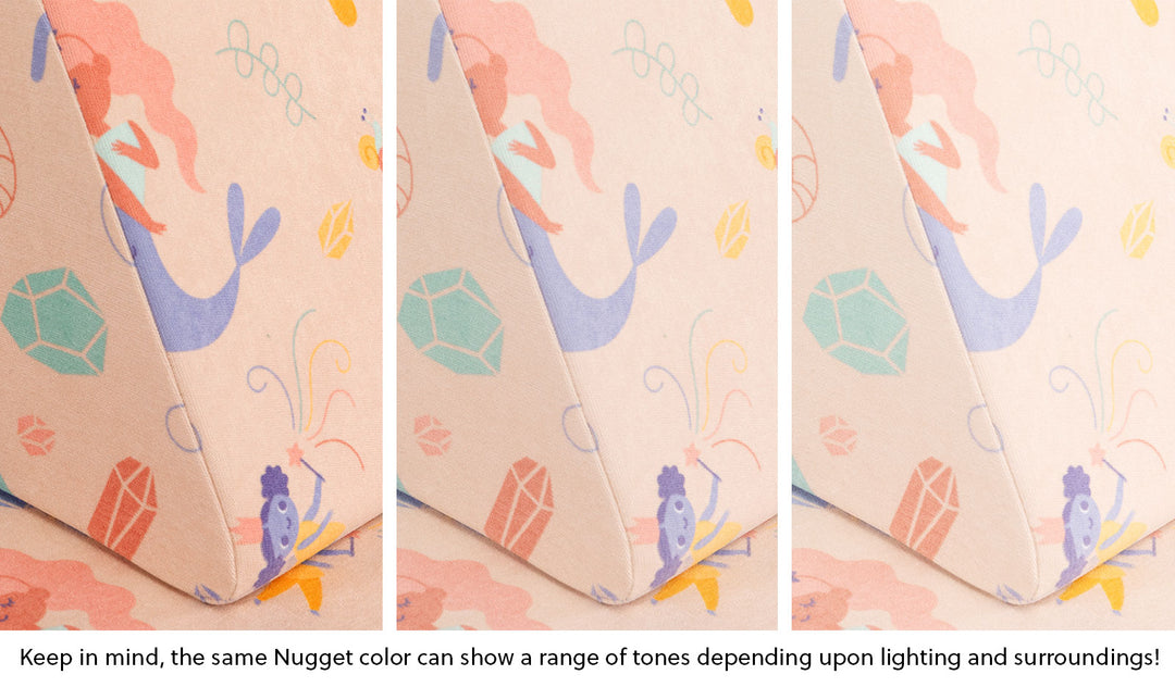 Close-up of a Nugget pillow in our Fable unicorn print across three lighting situations. One color can present as a range of tones depending on the room.
