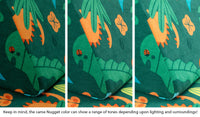 Close-up of a Nugget pillow in our Fossil dinosaur print across three lighting situations. One color can present as a range of tones depending on the room.
