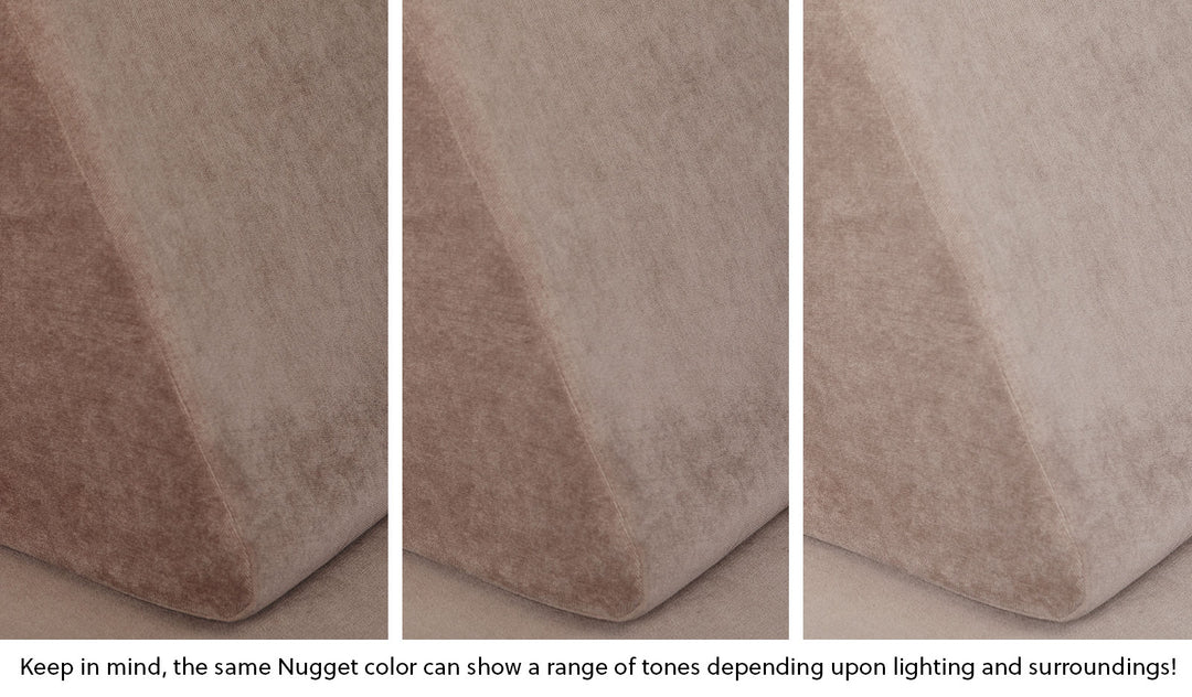 Close-up of a Nugget pillow in Kodiak earthy taupe across three lighting situations. One color can present as a range of tones depending on the room.