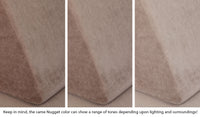 Close-up of a Nugget pillow in Kodiak earthy taupe across three lighting situations. One color can present as a range of tones depending on the room.
