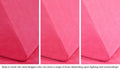 Close-up of a Nugget pillow in Popstar hot pink across three lighting situations. One color can present as a range of tones depending on the room.