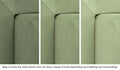 Close-up of a Smore frame in Bamboo mossy sage across three lighting situations. One color can present as a range of tones depending on the room.