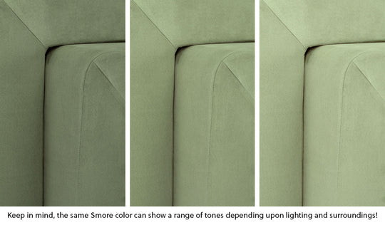 Close-up of a Smore frame in Bamboo mossy sage across three lighting situations. One color can present as a range of tones depending on the room.