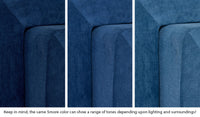 Close-up of a Smore frame in Blueridge navy blue across three lighting situations. One color can present as a range of tones depending on the room.