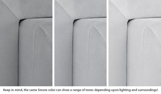 Close-up of a Smore frame in Koala light gray across three lighting situations. One color can present as a range of tones depending on the room.