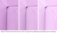 Close-up of a Smore frame in Moonshot lilac purple across three lighting situations. One color can present as a range of tones depending on the room.