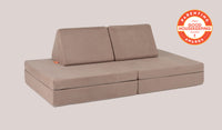 A Cottontail earthy taupe Nugget play couch set up in a kids sofa configuration.