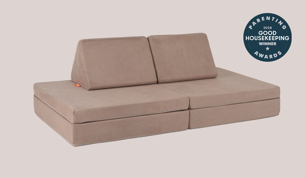 A Cottontail earthy taupe Nugget play couch set up in a kids sofa configuration.