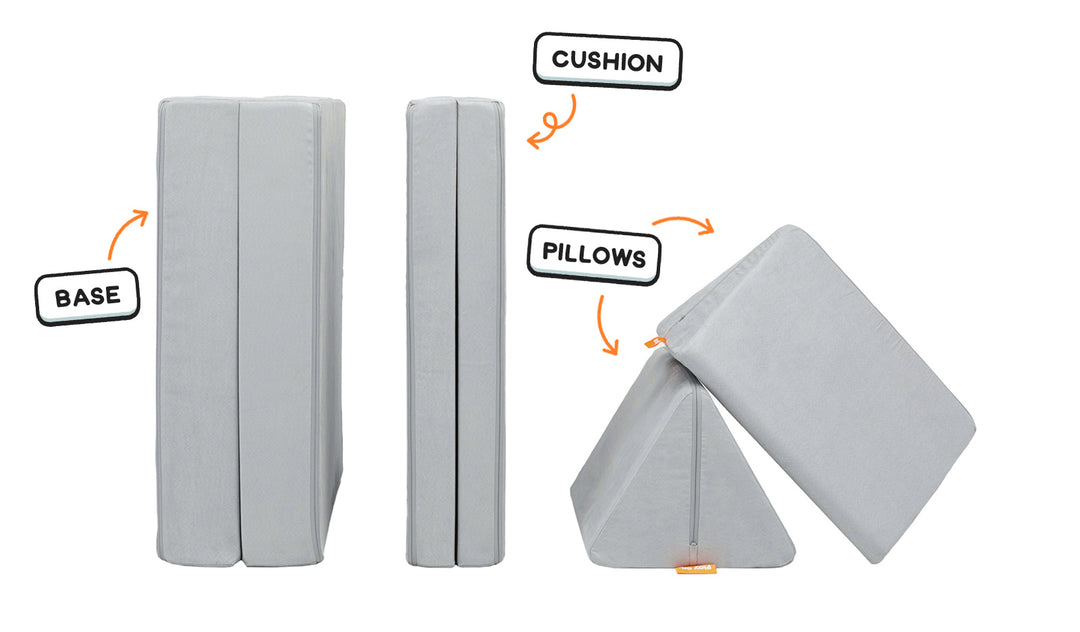 Four pieces of a light gray Nugget play couch lined up: one foldable base, one foldable cushion, and two triangular pillows.
