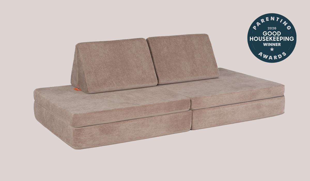 A Kodiak earthy taupe Nugget play couch set up in a kids sofa configuration.