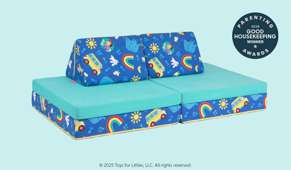 A product image shows a colorful Ms. Rachel Nugget in couch form, patterned with icons from popular Ms. Rachel songs.
