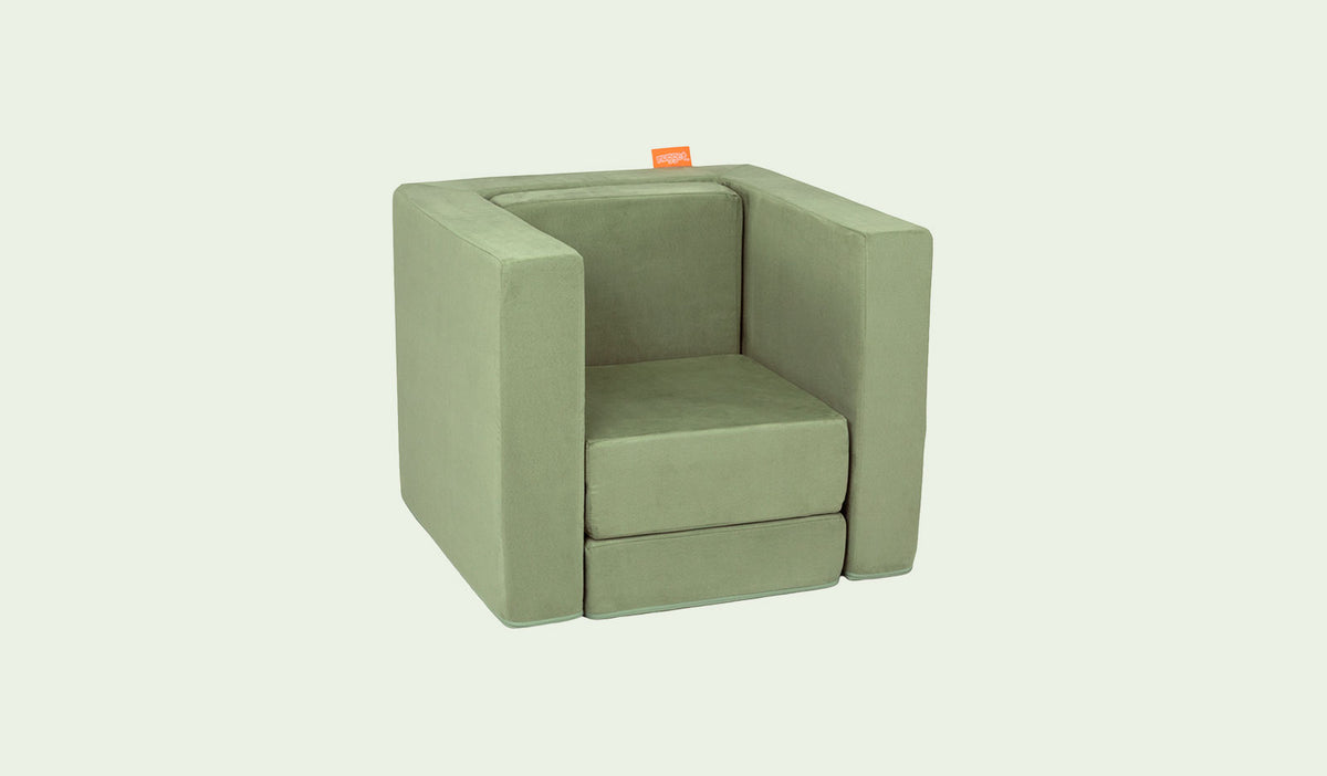 A Bamboo mossy sage Smore play chair set up in a kids' chair configuration.