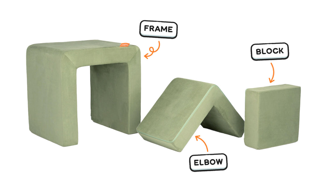 Four pieces of a mossy sage Smore play chair lined up: sturdy frame, one L-shaped elbow, and one square block.