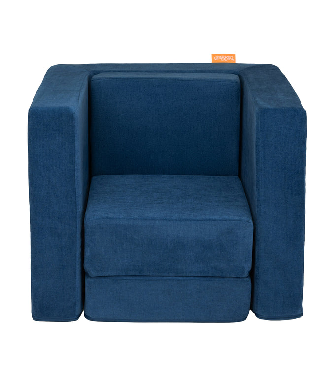 A Blueridge navy blue Smore play chair set up in a kids' chair configuration, which can be customized with an embroidered name.