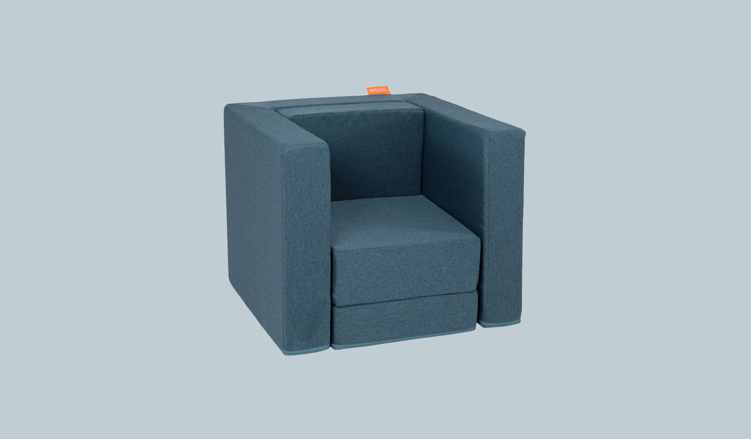 A Buckaroo dark-wash denim Smore play chair set up in a kids' chair configuration.