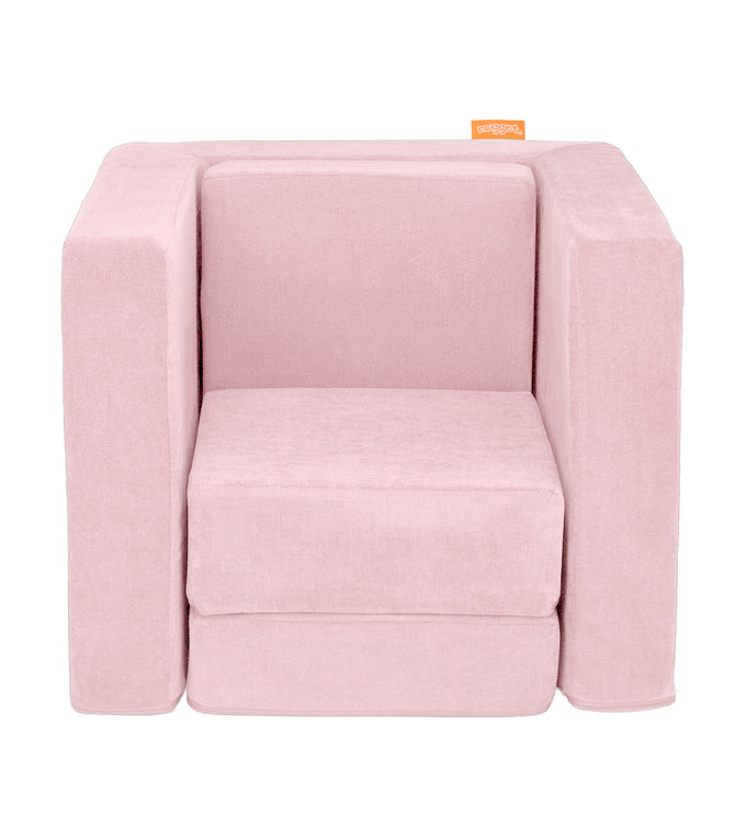 A Heartthrob blush pink Smore play chair set up in a kids' chair configuration, which can be customized with an embroidered name.
