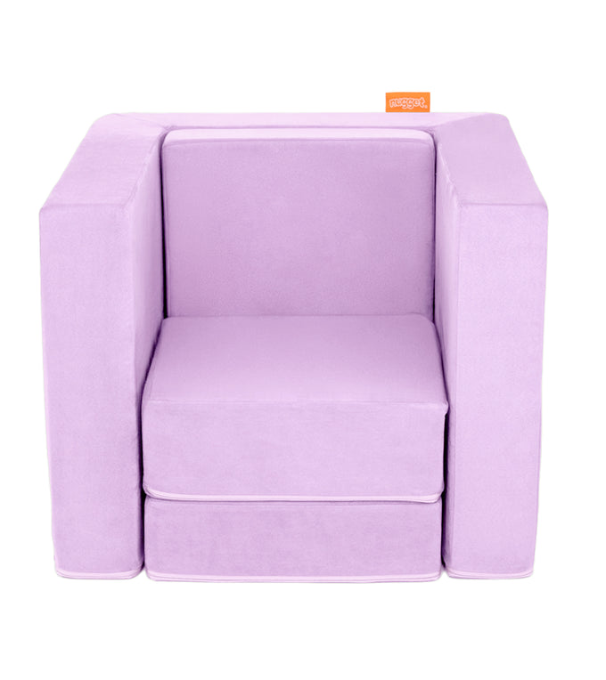 A Moonshot lilac purple Smore play chair set up in a kids' chair configuration, which can be customized with an embroidered name.