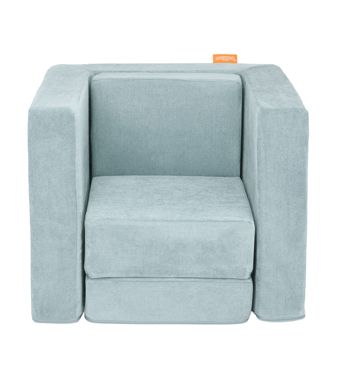 A Surfside light gray-blue Smore play chair set up in a kids' chair configuration, which can be customized with an embroidered name.