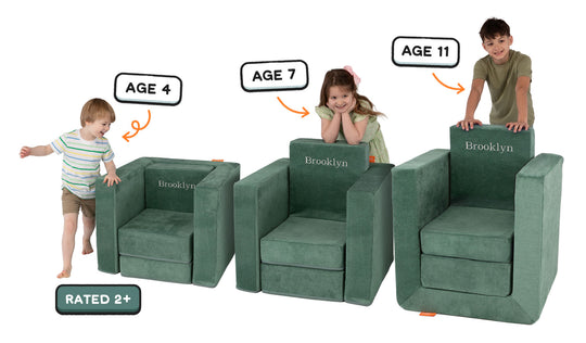 Three kids of different ages play with Smore's three pieces rearranged to show how the chair adjusts to every kid's height.
