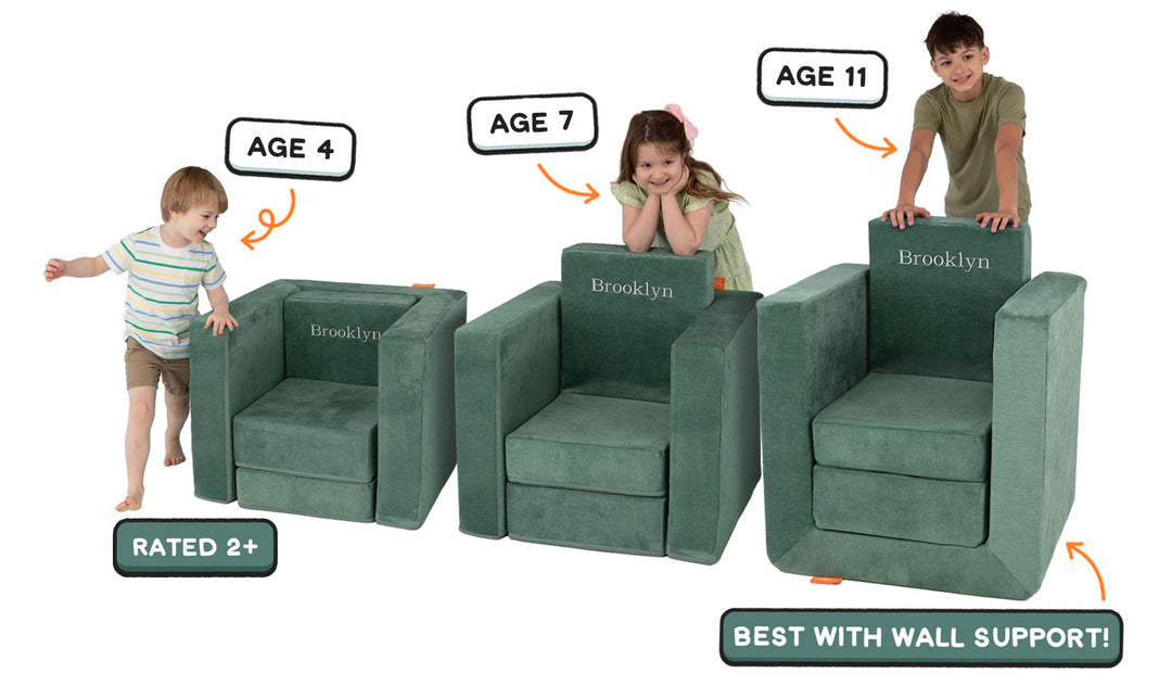 Three kids of different ages play with Smore's three pieces rearranged to show how the chair adjusts to every kid's height.