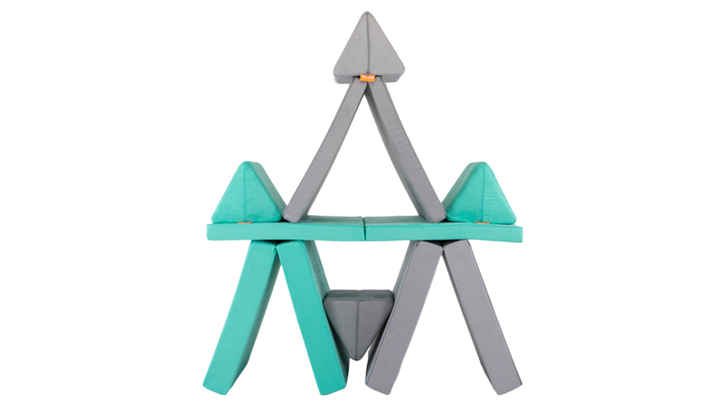 Two Nugget play couches are set up as a pyramid build, with four compartments for stashing toys and stuffies.