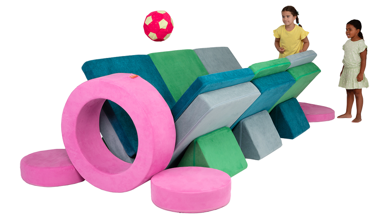 Two children play a Nuggety version of shuffleboard, with a track made from three Nuggets and one Chunk.