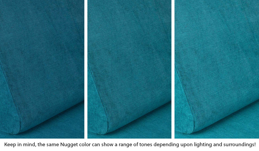 Close-up of a Nugget pillow in Atlantis peacock teal across three lighting situations. One color can present as a range of tones depending on the room.