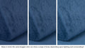 Close-up of a Nugget pillow in Blueridge navy blue across three lighting situations. One color can present as a range of tones depending on the room.