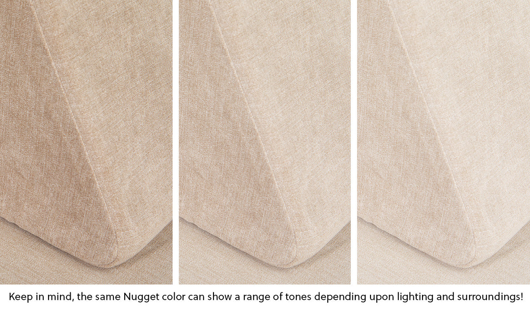 Close-up of a Nugget pillow in Dunebuggy vintage beige across three lighting situations. One color can present as a range of tones depending on the room.