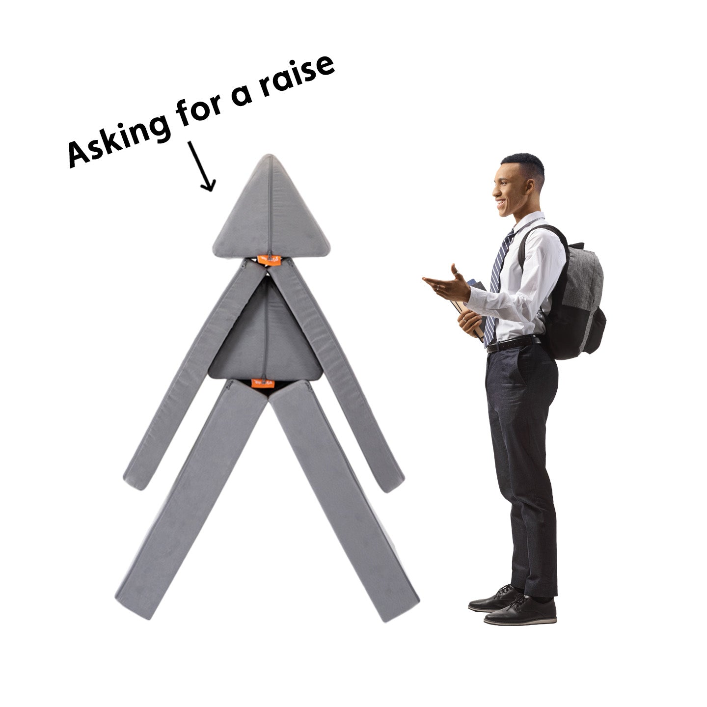 A man pretends to ask for a raise from a pretend boss made out of a Nugget.