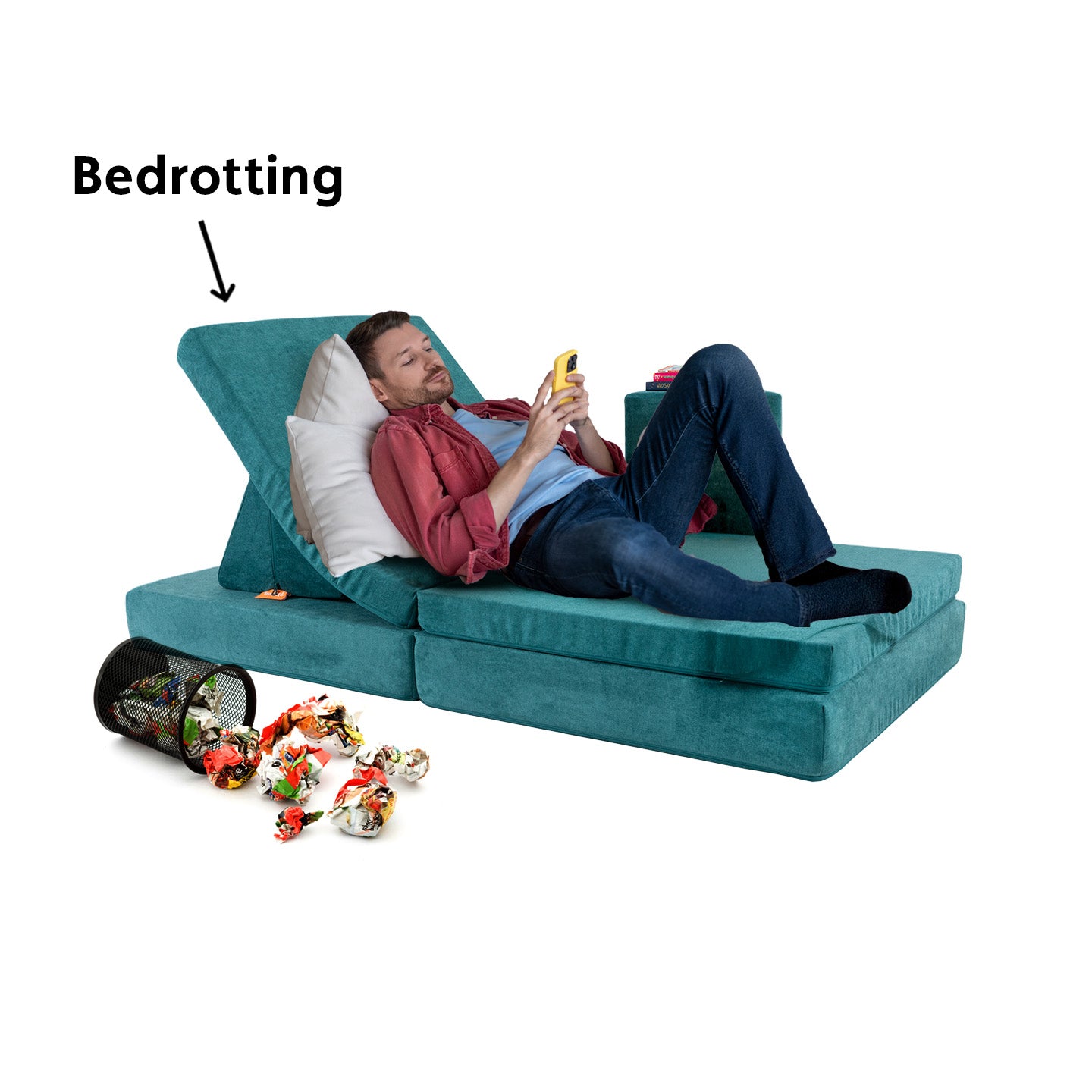 A grownup pretends to engage in relaxation known as “bedrotting” on a Nugget.