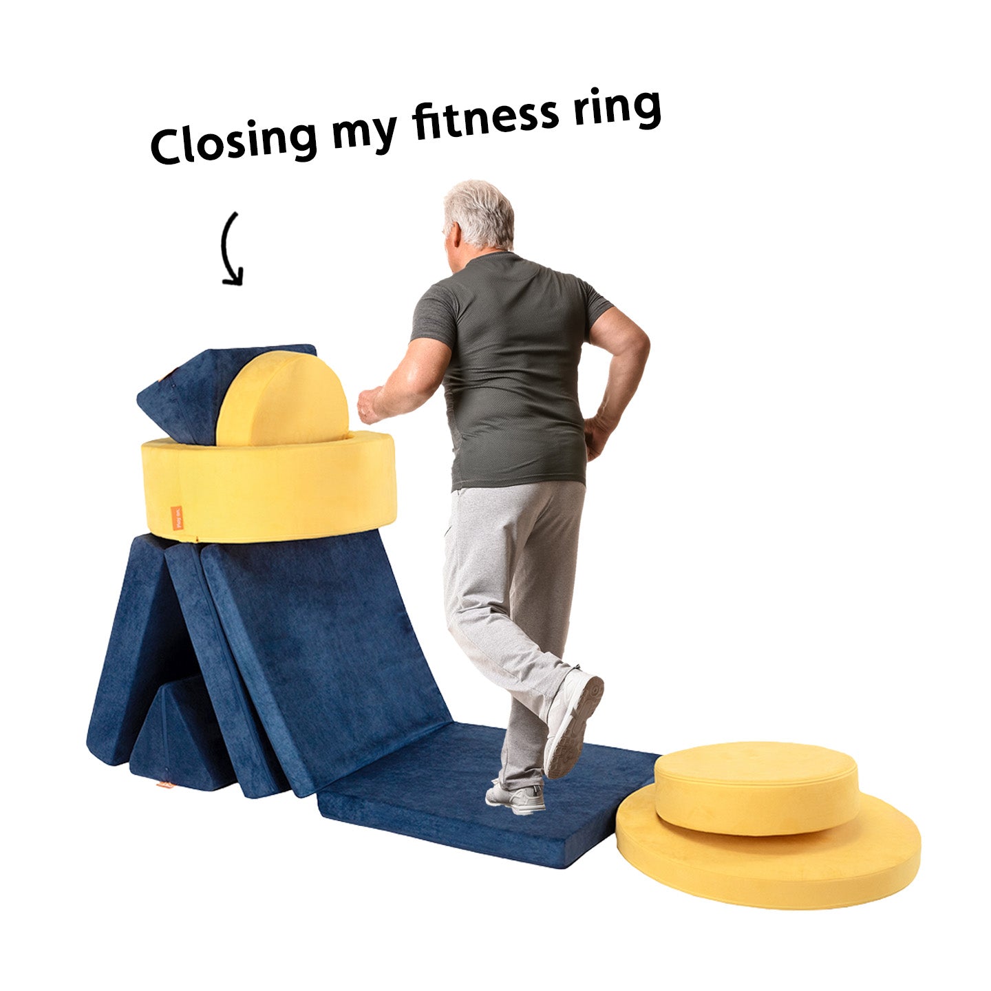 A grownup pretends to run on a pretend treadmill made out of a Nugget and Chunk.