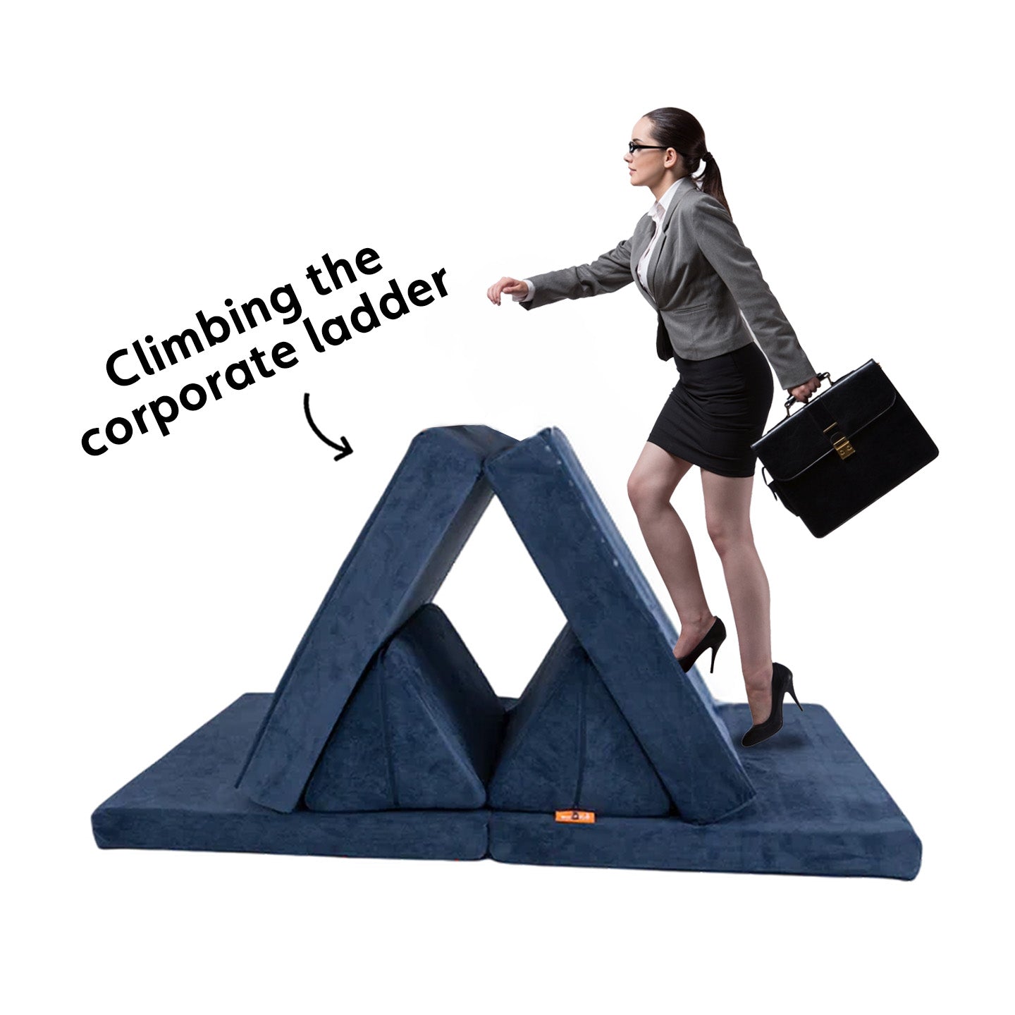 A woman pretends to climb up a Nugget mountain while carrying a briefcase.