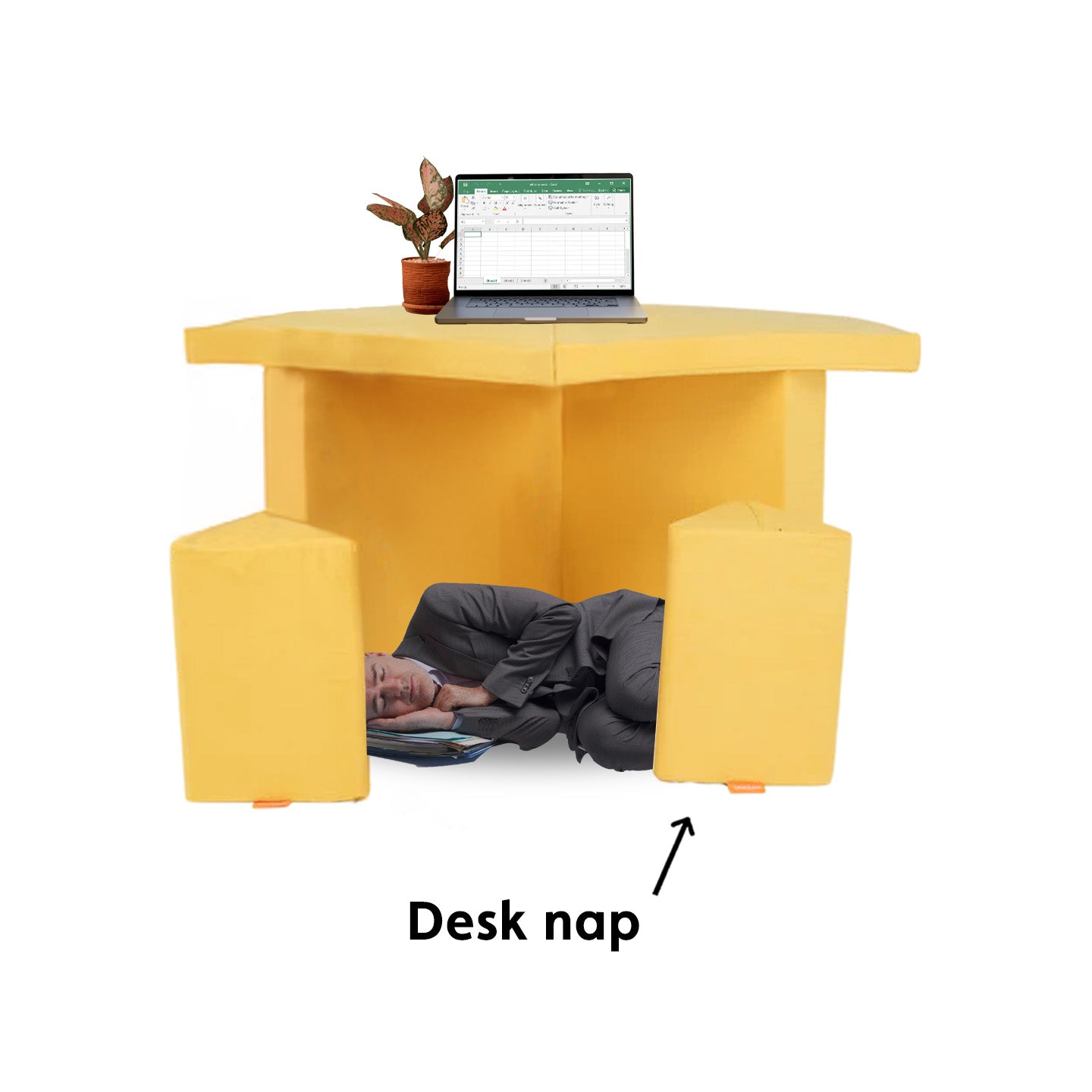 A person pretends to sleep under a pretend desk built out of a Nugget.