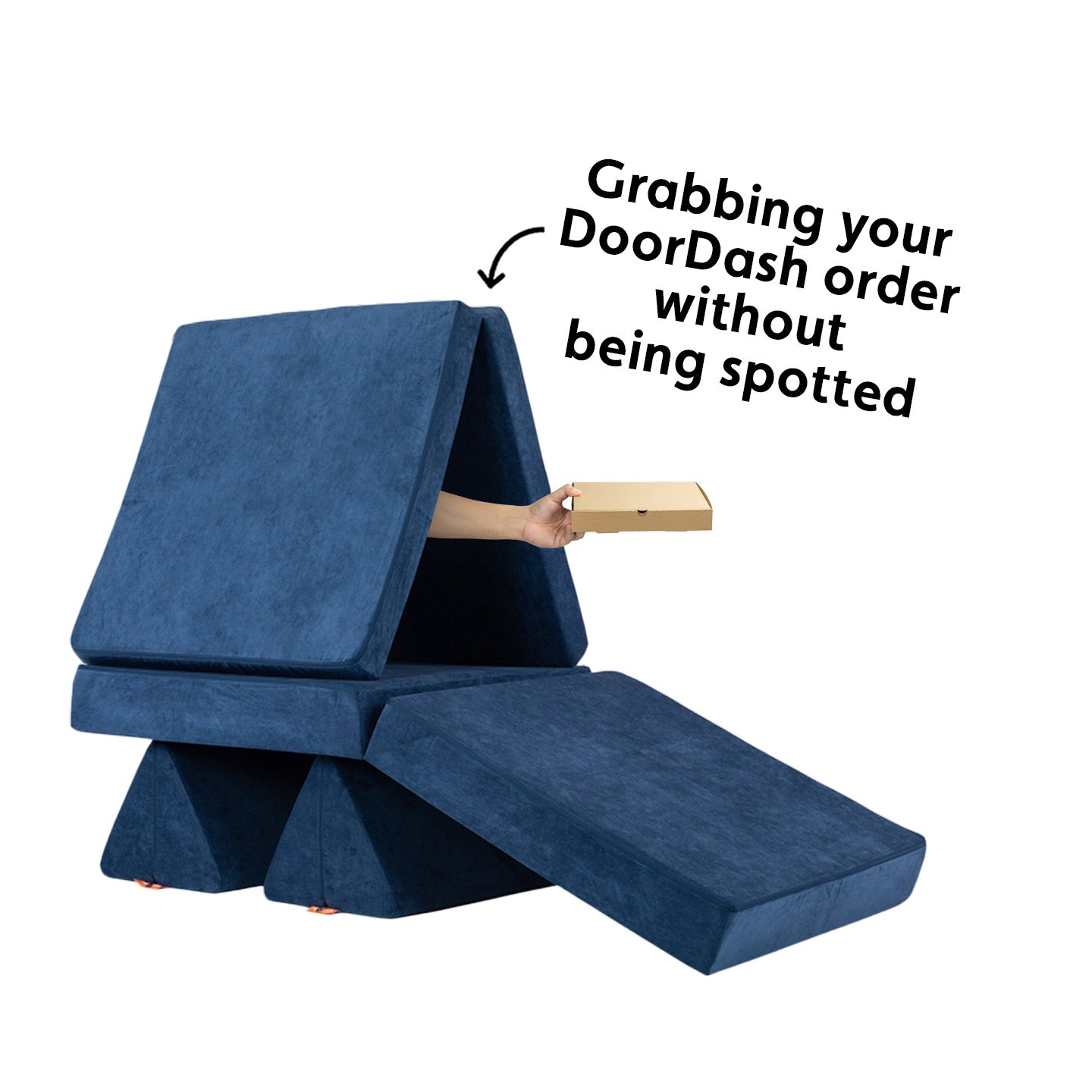 A disembodied hand reaches out from a Nugget fort to grab a pizza box.